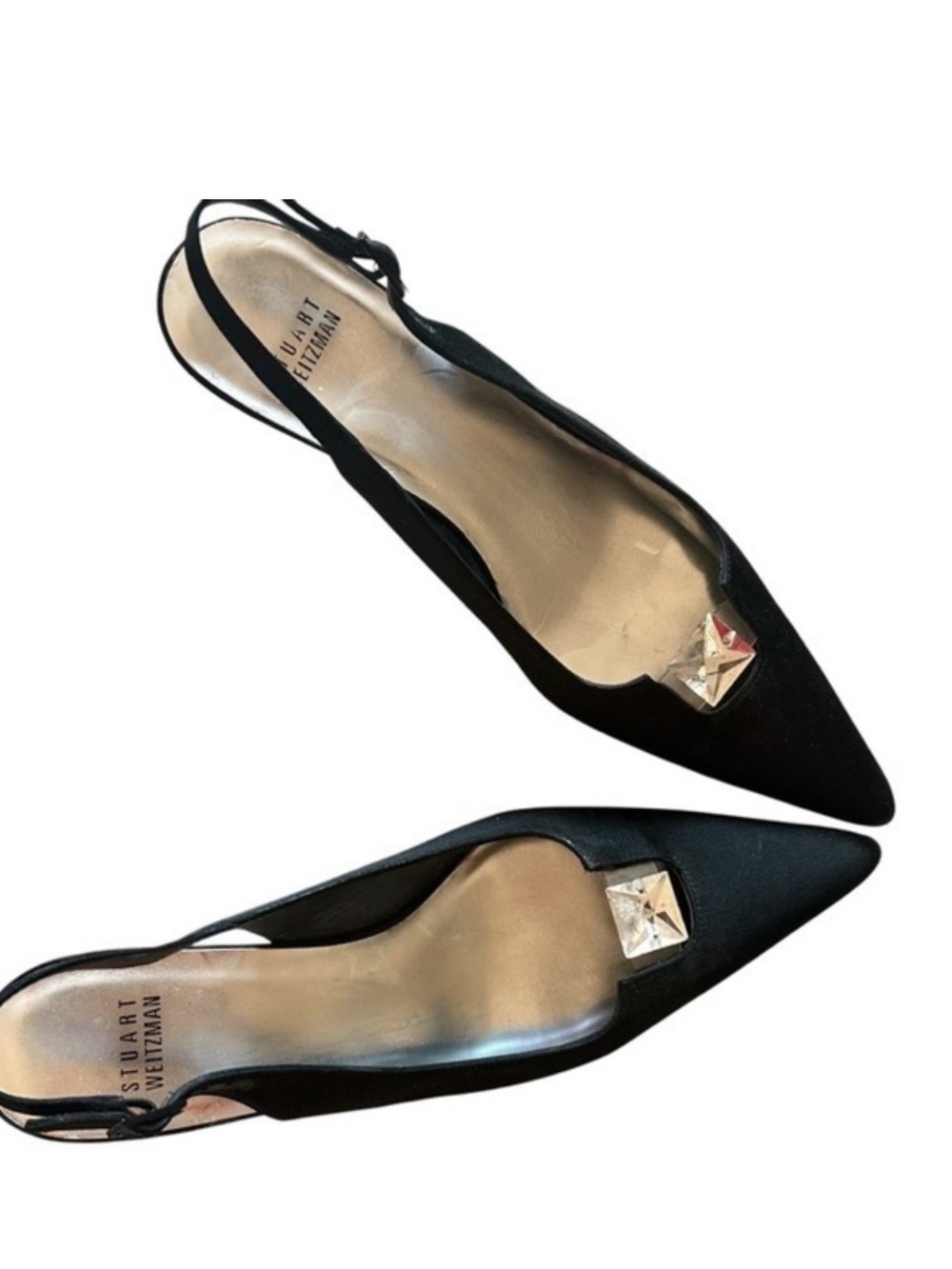 Stuart Weitzman Black Satin Kitten Heels Sling Back 8.5N